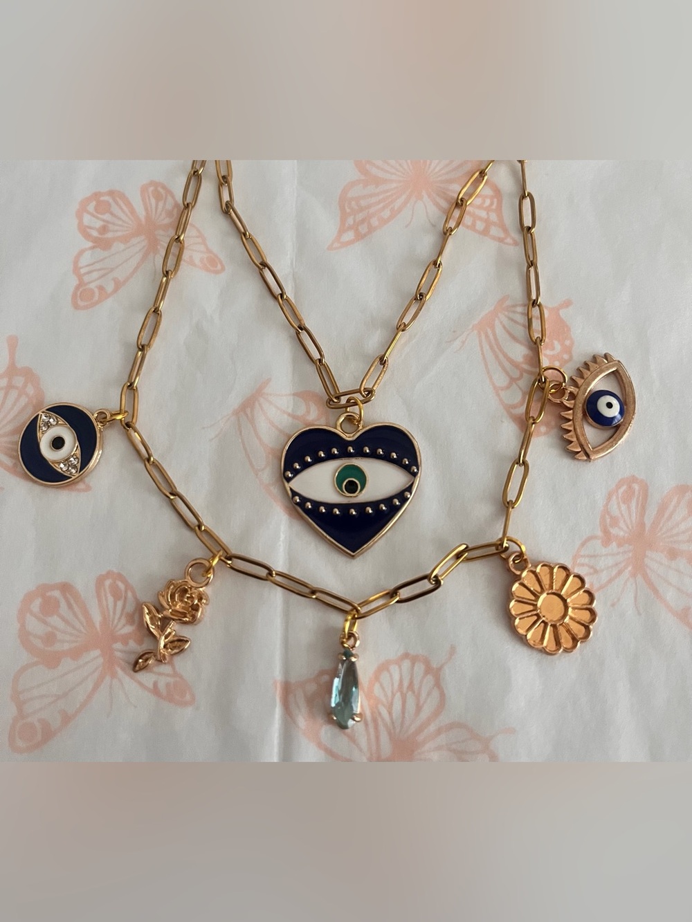 Gold Paperclip Layered Evil Eye Necklace Double Chain Blue Charm Statement